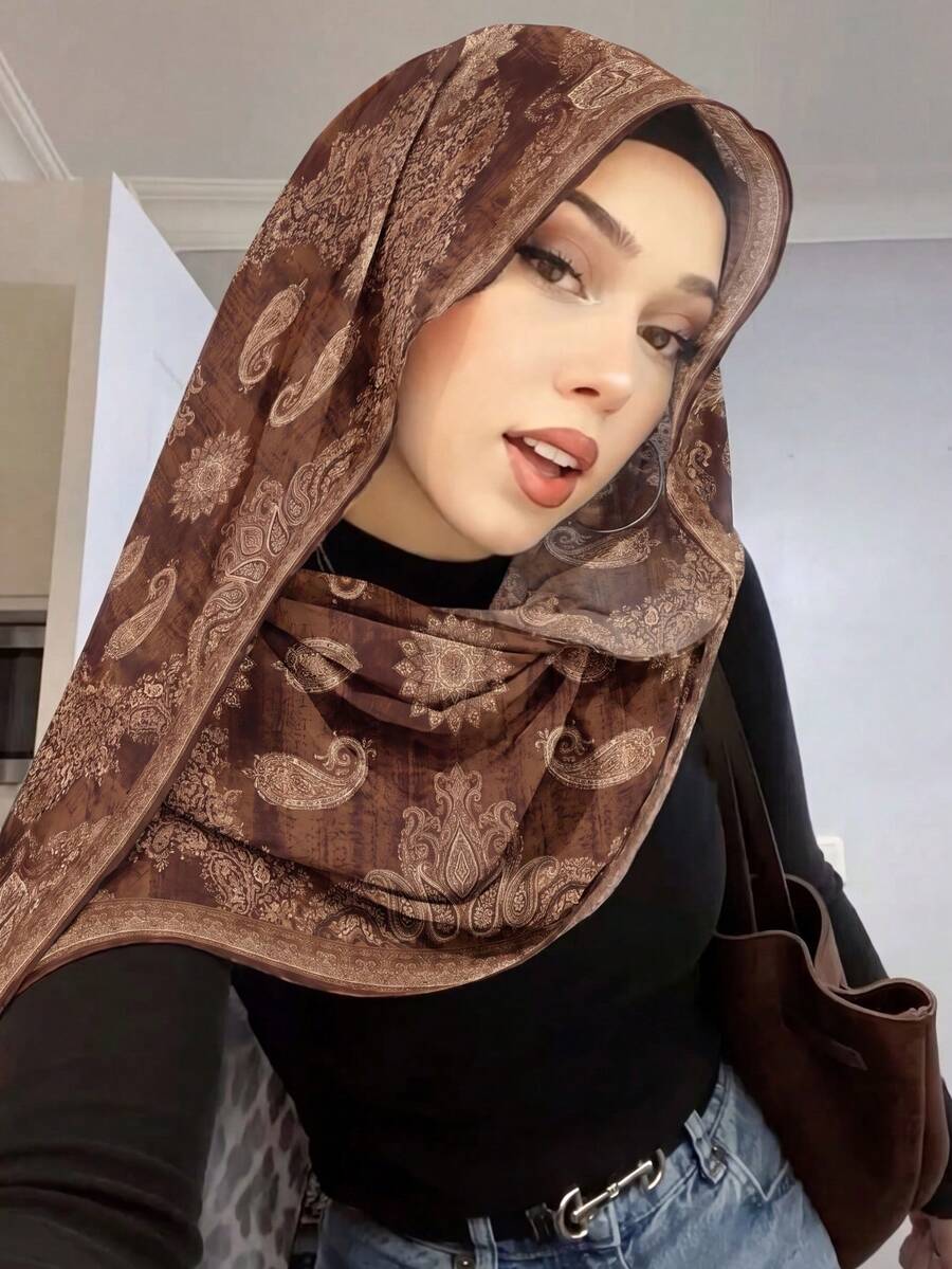1PC Women's Bohemian Floral, Watercolor, Marble, Water Ripple, Tie-Dye Print Hijab Scarf, Suitable For Daily Wear