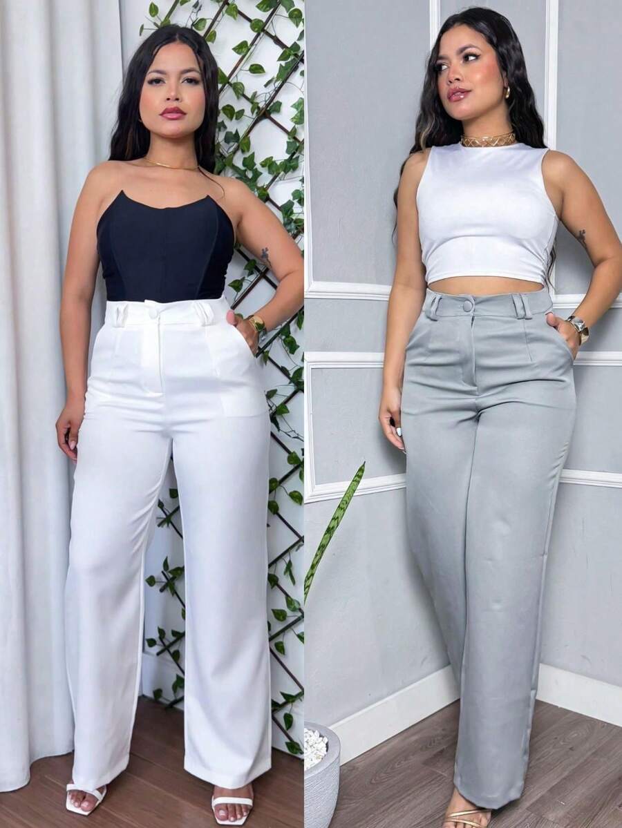 Kit Of 2 Women's Tailored Wide Leg High-Waisted Straight-Leg Trousers, Elegant Office Casual Pants With Pockets - 米白色和灰色套裝 - 查看 1