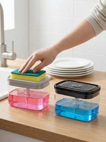 Kitchen Soap Dispenser, Plastic Soap Sponge Holder And Sponge, Dish Soap Dispenser, Space-Saving Kitchen Sink Dishwashing Organizer, Convenient Manual Soap Pump, For Home Cleaning, Kitchen Accessories, Kitchen Storage, Bathroom Accessories - Multicolor - View 2