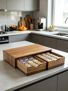 1pc Wooden Coffee Capsule Storage Drawer Box, Double-Layer Sliding Coffee Capsule Storage Box, Multi-Functional Kitchen Countertop Coffee Station Storage Box, Suitable For Coffee Bar Decor - Coffee Storage Box - View 5