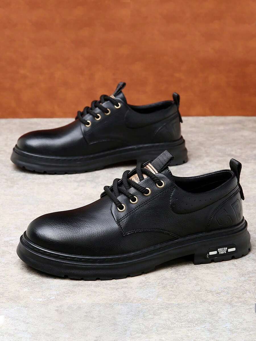 Zapatos de vestir casuales de cuero PU de color liso para hombre Mocasines para hombre cómodos y transpirables Calzado versátil para negocios y ocio Zapatos Oxford para hombr - Negro - Ver 1