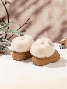 1 Pair Minimalist Shallow Round Toe Baby Warm Snow Boots, Cartoon Bear Plush Trim, Non-Slip Flat Sole, Winter Indoor Shoes - Brown - View 6
