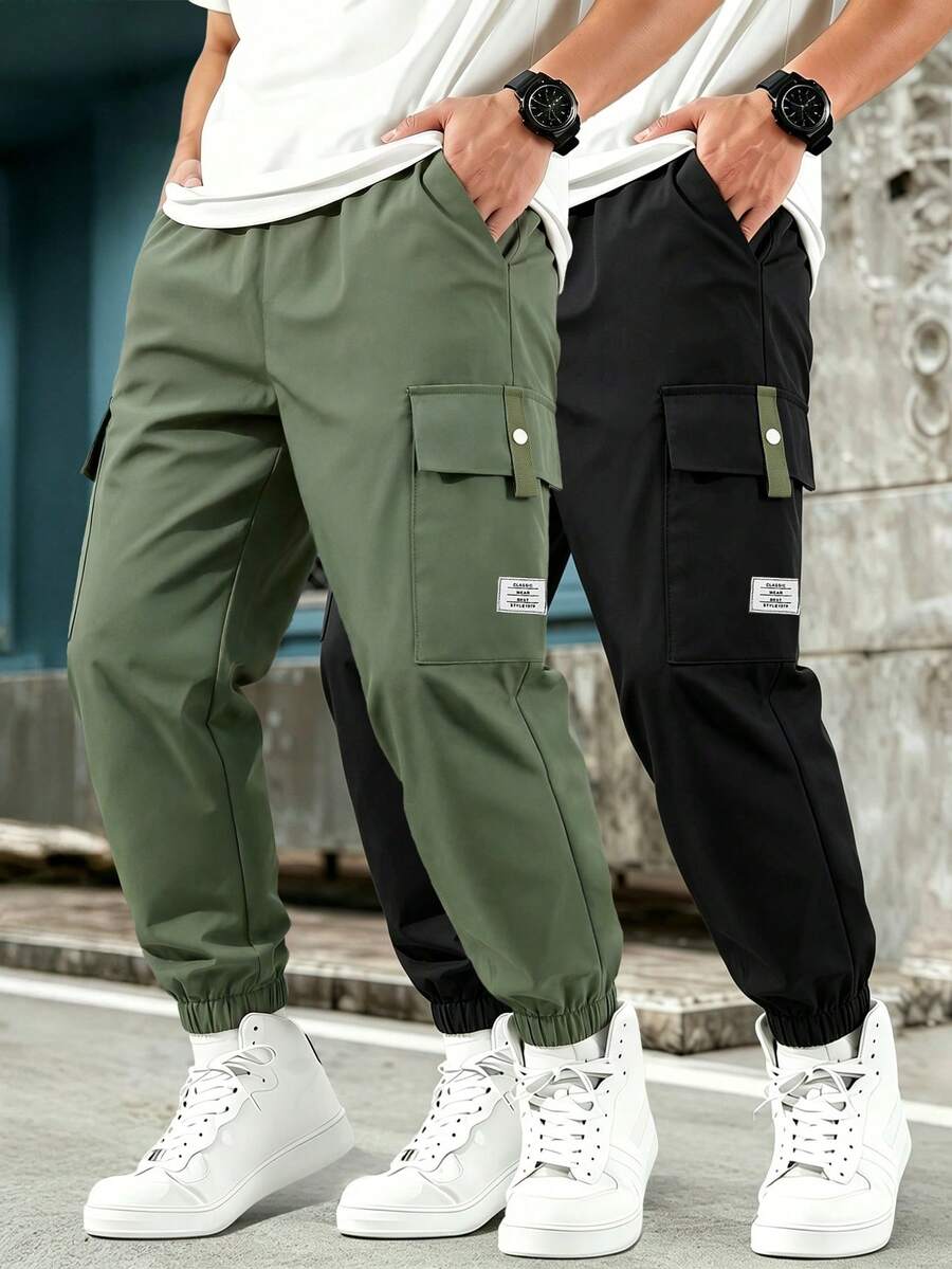 2pcs Boys Casual Long Pants Spring/Autumn, Army Green + Black Cargo Joggers, Double Side 3D Snap Button Pockets, Daily Commute & Sports Wear - Multicolor - View 1