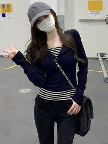 韓式修身對比色條紋拼接鈕扣設計女款內搭T恤上衣休閒風 - 藏蓝色 - 查看 6