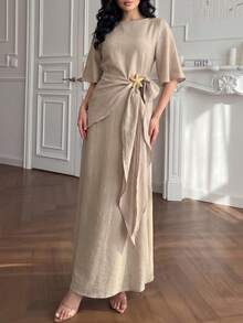 Women's Light Khaki Extra Long Ruffle Sleeve Dress With Starfish Metal Buckle Decoration, Slouchy Elegant Beach Casual Vacation Outfit Summer - Khaki - View 7
