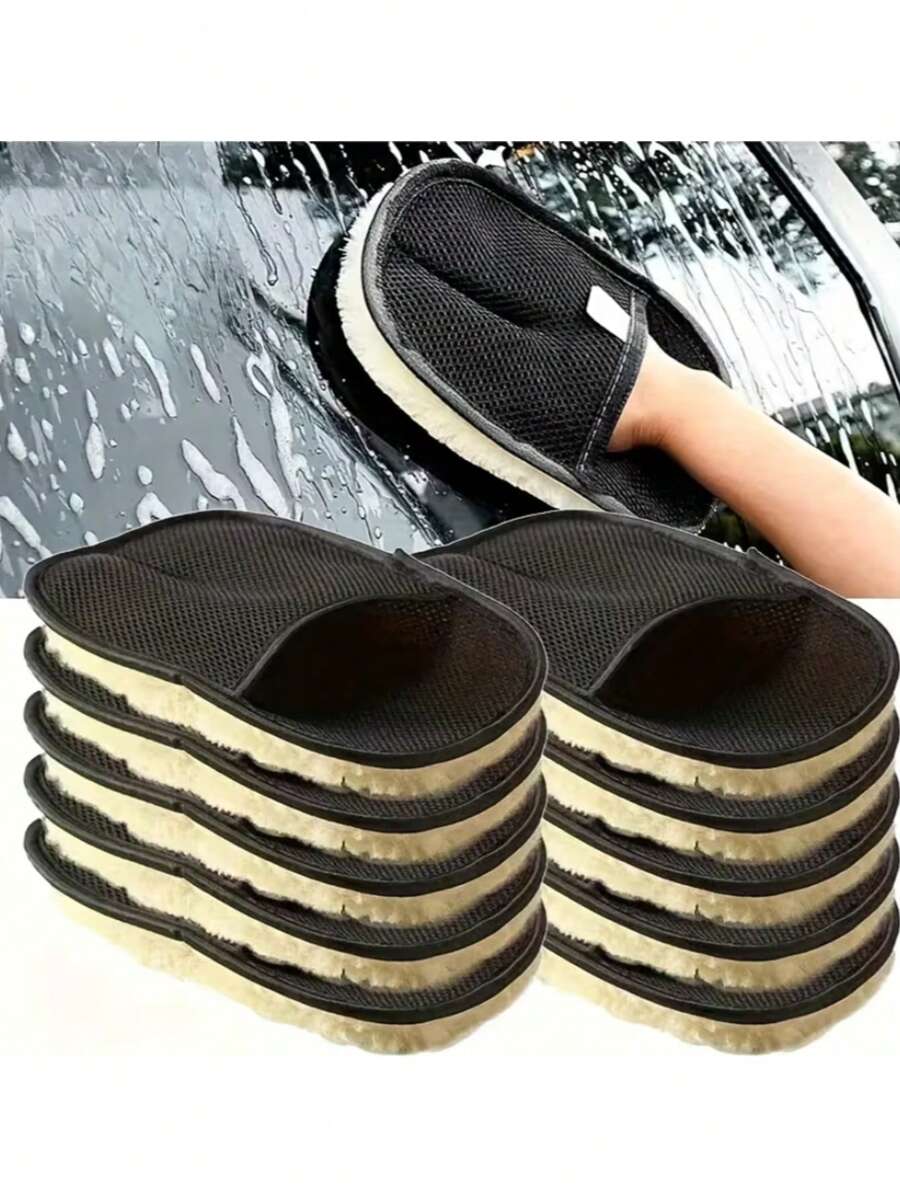 2pcs Latest Popular Style - Scratch-Free Car Cleaning Gloves - Soft, Non-Electric, Multi-Functional, Efficient Dust Removal, Perfect For Bathroom And Car Use. Black And Beige Fluffy Edges, Car Cleaning Accessories.