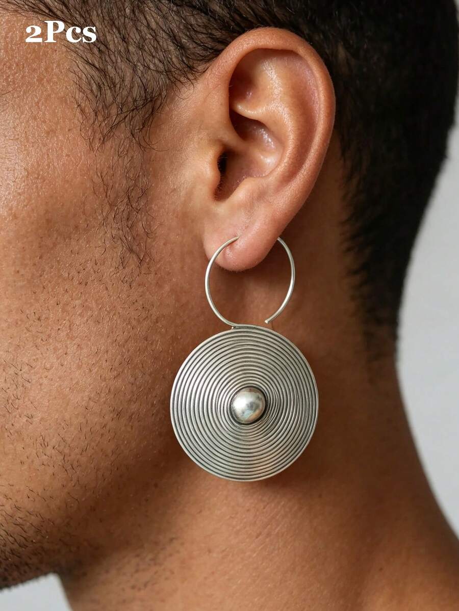 2 Peças Brincos Pendentes Masculinos Vintage Minimalista Prata Antiga Geométrico Cobre, Adequado para Uso Diário, Festa, Looks de Férias Masculinos - Prata - Visão 1