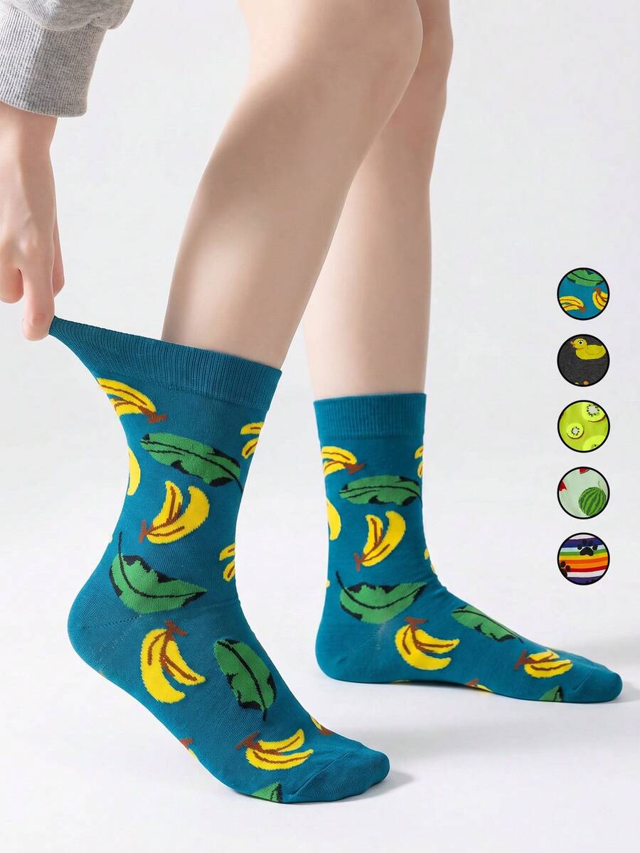 1/5/10 Pairs Women's Mid-Calf Socks, Funny Banana Cartoon Unisex Sports Style Long Socks, Crazy Happy Socks - Multicolor - View 1