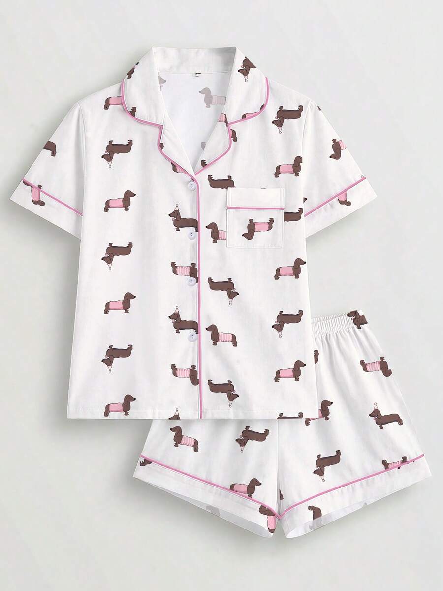 2pcs Women's Pajama Set, Dachshund Print, Women's Loungewear, Spring/Summer Holiday Outfit, Short Sleeve Top And Shorts Set - White - View 1