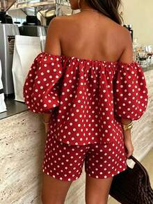 Women's Spring/Summer Black & White Polka Dot Off-Shoulder Lantern Sleeve Loose Top And Elastic Waist Shorts 2-Piece Set, Multi-Occasion Red Elegant - Red - View 7