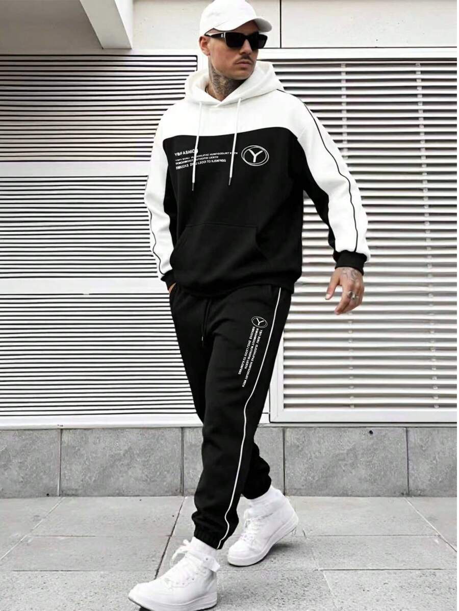 Men's Spring/Autumn Loose Minimalist Casual Fashion Outdoor Sports Hoodie & Sweatpants Set - Black - View 1