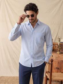 glestore Men's Vintage Casual Commute Minimalist Striped Long Sleeve Shirt, Suitable For All Seasons, Versatile Style - Blue and White - View 1