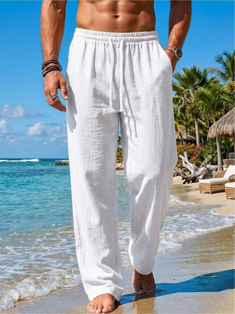 Men's White Linen Long Pants, Solid Color Casual Vacation Style, Men's Summer Gift, Casual Drawstring Design Pants - White - View 1