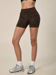 TimeOff Shorts deportivos de mujer de 1 pieza con estampado de leopardo, sin costuras, con glúteos fruncidos, cintura acanalada y cintura alta - Marrón - Ver 7