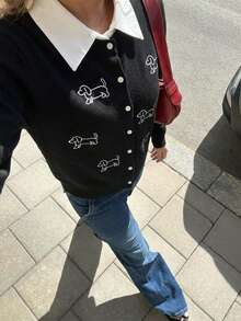 Women's Black Dog Embroidery Button Front Knit Cardigan With Contrast White Collar, Long Sleeves, Cute Vintage Casual Fall Sweater For Everyday Wear - Black - View 6