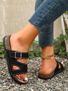 Summer New Casual Women's Flat Sandals, Metal Buckle Decor H-Shape Design Open Toe Breathable Upper Women's Beach Slippers, Suitable For Travel, Street, Home, Party, Shopping And Other Casual Occasions, Sandals, Can Be Matched With Any Outfit Summer Slippers - Black - View 5