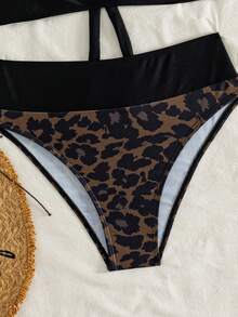 Conjunto de 2 piezas de bikini halter triangular con estampado de leopardo sexy para mujer estilo europeo y americano, para vacaciones, playa y verano - Multicolor - Ver 6