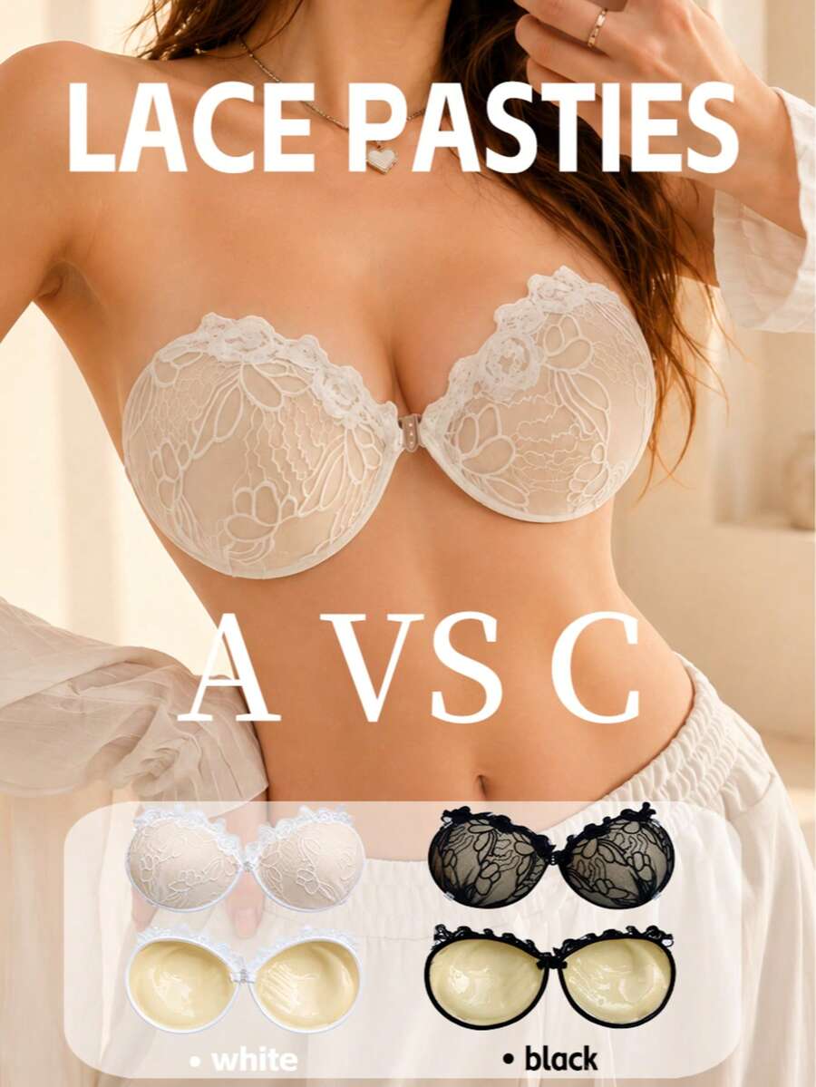 Bra Seksi dengan Hiasan Renda dan Kelopak Payudara, Bra Tanpa Tali Silikon Pengangkat Payudara untuk Wanita - MultiWarna - View 1