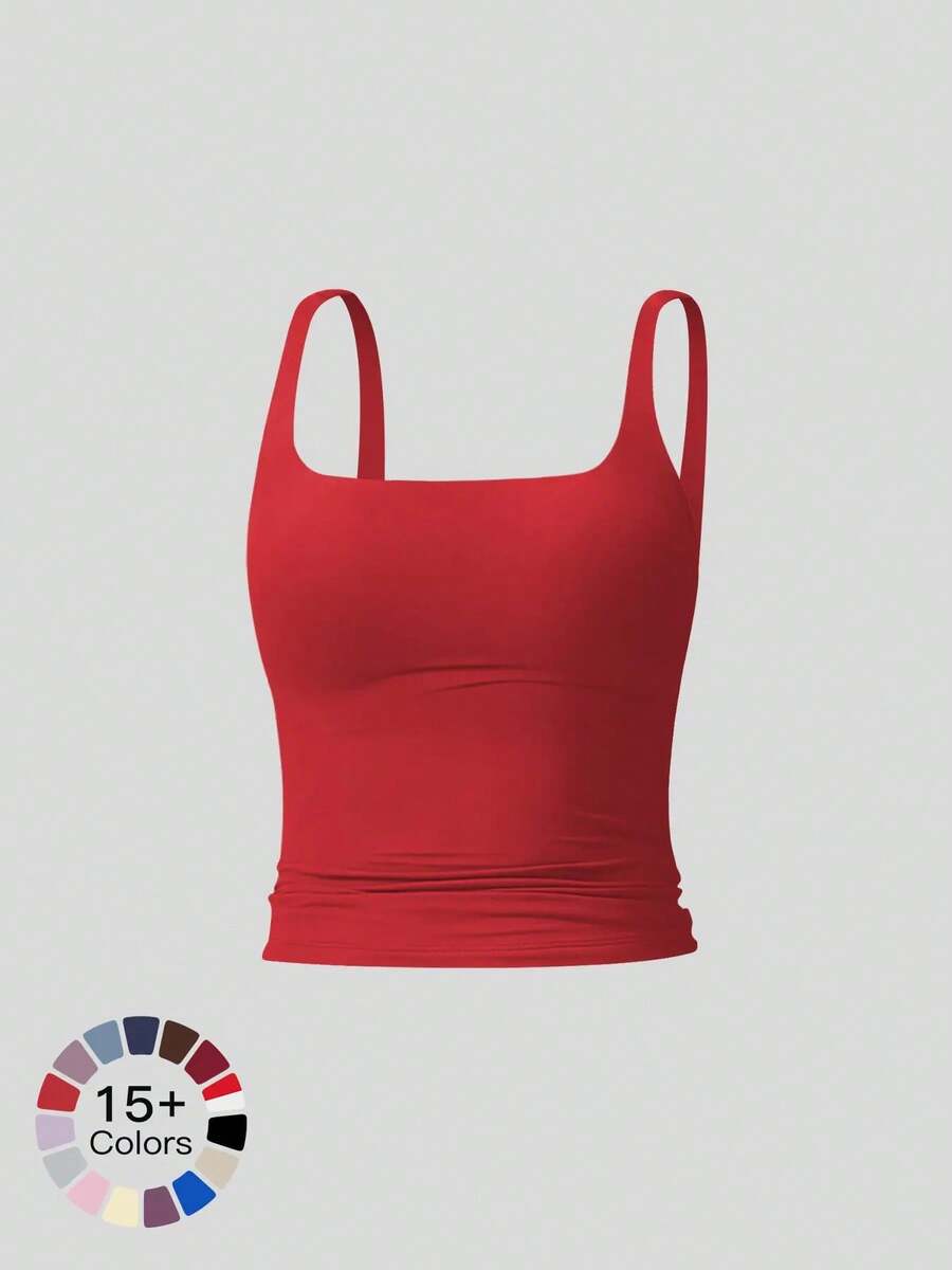 Camiseta deportiva sin mangas para mujer de color sólido, casual, cómoda y transpirable, ideal para yoga, gimnasio, entrenamiento y correr; ropa deportiva para todas las estaciones; chaleco con cintura. - Rojo carmesí - Ver 1