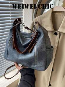 Bolsa Hobo Texturizada com Alças de PU Marrom Contrastante, Alça Transversal Destacável, Bolsos Laterais com Zíper Duplo, Grande Capacidade, Bolsa de Ombro para Uso Diário e Deslocamento - Azul - Visão 3
