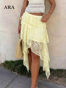 ARA CHIC Women's Pale Yellow Lace Asymmetrical High-Low Hem Ruffle Skirt Layered Elegant Minimalist Sexy Bohemian Style Mid-Length Skirt Spring Summer New - Light Yellow - View 5