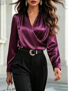 1pc Solid Color Satin Criss-Cross Long Sleeve Blouse Top, Suitable For Everyday, Date Night, Holidays, Vacation, Birthday Party, Singles Party, Travel, Spring/Autumn - Purple - View 2
