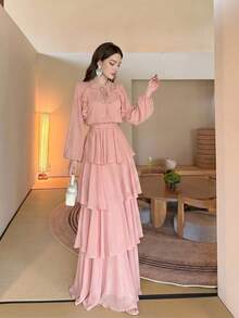 女士新款优雅纯色立领长袖层叠拼接设计时尚奢华收腰喇叭连衣裙，优雅派对，荷叶边亮片拼接褶皱下摆/荷叶边婚纱沙滩粉色 - 粉色 - 查看 2