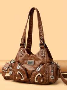 時尚簡約多口袋鉚釘街頭復古優雅百搭腋下斜挎單肩包，適合購物與度假 - 棕色 - 查看 1