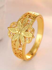 Tsnamer This Exquisite Copper Ring Features A Hollowed-Out Petal Design, A Perfect Anniversary/Birthday Gift For Your Loved One - Yellow Gold - View 3