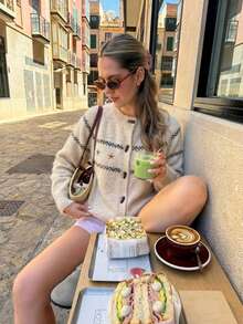 Women's Beige Knit Cardigan, Long Sleeve Round Neck Button Front Sweater With Contrast Pattern, Casual Elegant Layering Top For Fall And Winter - Khaki - View 2