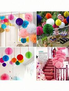 5Pcs Honeycomb Flower Balls, Decorated With Thin Paper Pompoms, Suitable For Birthdays, Weddings, And Home Decoration, Christmas, Thanksgiving, New Year, And For Window Decoration - Multiple Styles - View 5