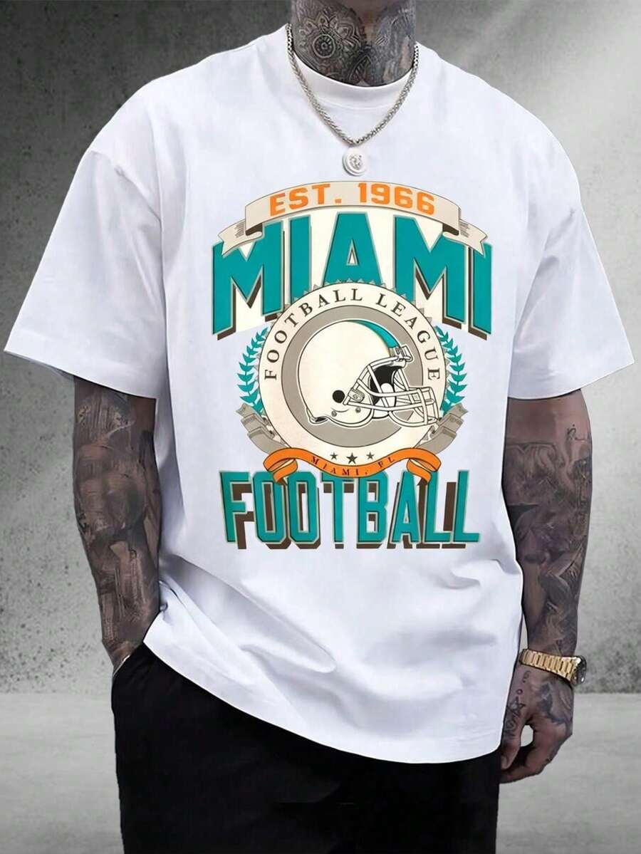 Herren Miami Football T-Shirt aus 100% Baumwolle, Rundhalsausschnitt, weich und bequem, Unisex Streetwear, Geschenk für Fußball-Enthusiasten, gegründet 1966, Miami Football League Grafik-T-Shirt, ideal für den - Weiss - Übersicht 1