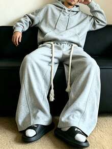 Set 2 Potong Pria Sweatshirt + Celana Training Kaki Lebar dengan Tali Serut Tebal, Outfit Olahraga Kasual Streetwear - Light Grey - View 5