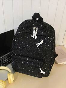 1 pieza Mochila de nailon de gran capacidad para estudiantes, mochila minimalista con estrella para estudiantes universitarios, mochila de nailon, mochila de viaje - Negro - Ver 9