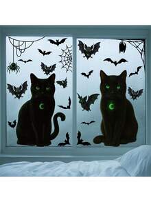 2pcs/Set Halloween Black Cat Decorative Stickers, Spider Web Bat Glass Stickers, Mall Window Scene Decoration Black Cat Static Cling Stickers, Suitable For Halloween Haunted House And Horror Party Decoration - Multiple Styles - View 1