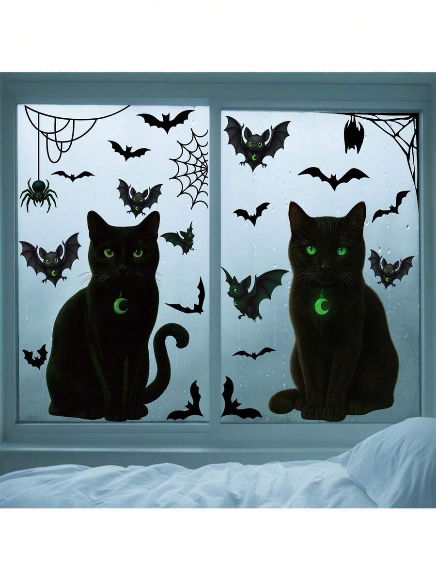 2pcs/Set Halloween Black Cat Decorative Stickers, Spider Web Bat Glass Stickers, Mall Window Scene Decoration Black Cat Static Cling Stickers, Suitable For Halloween Haunted House And Horror Party Decoration - Multiple Styles - View 1
