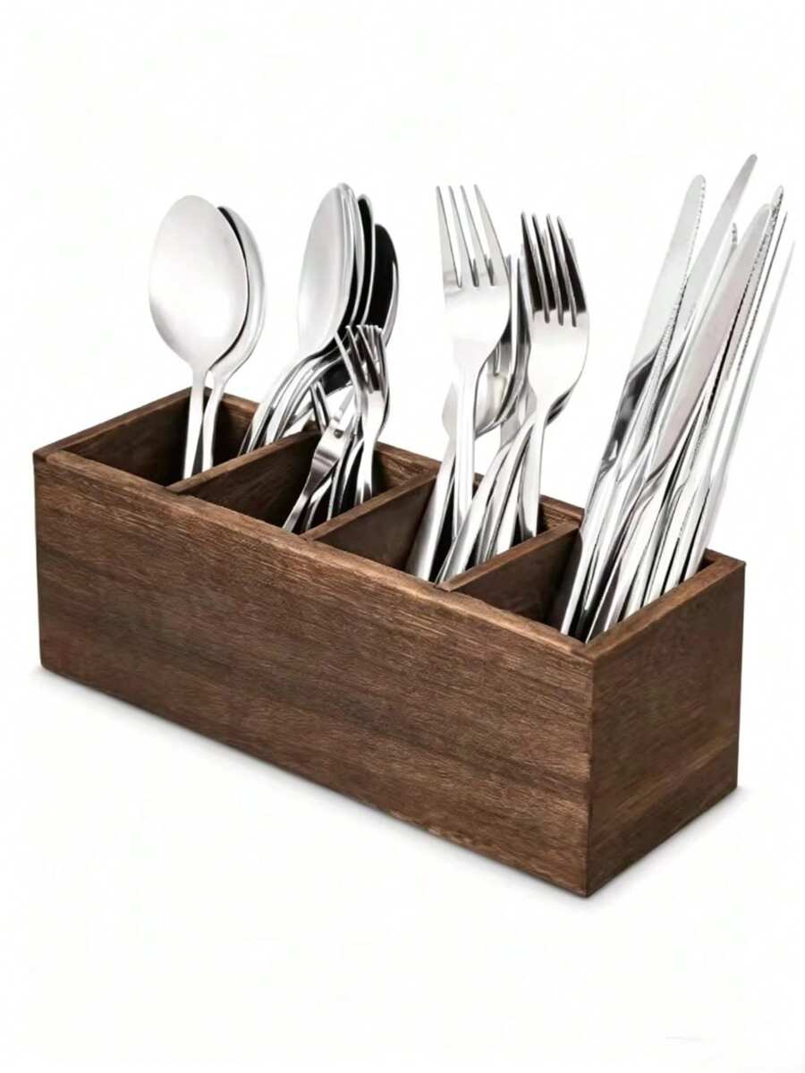 1pc Tableware Box, Kitchen Utensil Storage Box, 4-Compartment Wooden Tableware Box, Large Dining Table Utensil Storage Box And Tableware Box, Suitable For Storing Napkins, Spoons, Forks, Knives And Kitchen Supplies - 1 Pack - View 1