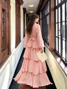 女士新款优雅纯色立领长袖层叠拼接设计时尚奢华收腰喇叭连衣裙，优雅派对，荷叶边亮片拼接褶皱下摆/荷叶边婚纱沙滩粉色 - 粉色 - 查看 6