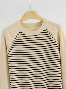 Sweater Rajut Leher Bulat Raglan Bergaris Aprikot Muda & Hitam, Pakaian Kasual Segar untuk Lapisan Dalam/Luar, Hem Bergaris Mengoptimalkan Proporsi Tubuh, Cocok untuk Musim Gugur - Aprikot - View 6
