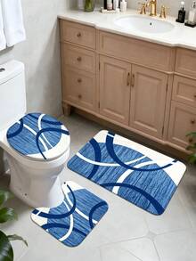 1pc/3pcs Blue & White Abstract Line Pattern Flannel Printed Bathroom Mat, Washable Polyester Fiber Decorative Rug, Soft Skin-Friendly Thick Absorbent Mat, Foldable Easy Care Mat, Available In Bath Mat, U-Shaped Mat, Toilet Lid Cover, Suitable For Bathroom Shower Area, Toilet Washroom, Living Room, Indoor Entrance, Home Use, Home Bathroom Decor Carpet, Multi-Purpose Mat, All-Season Wear-Resistant Mat, Decorative Bathroom Mat - Multicolor - View 4