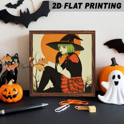 Seni Datar 2D - 1 buah, Termasuk Seni Datar 2D Penyihir Halloween, Bingkai Kayu. Dekorasi Dinding Vintage ini Sempurna untuk Kamar Tidur atau Ruang Tamu, Pilihan Ideal untuk Tanda dan Plakat Bertema Halloween, Ukuran 8x8 Inci.