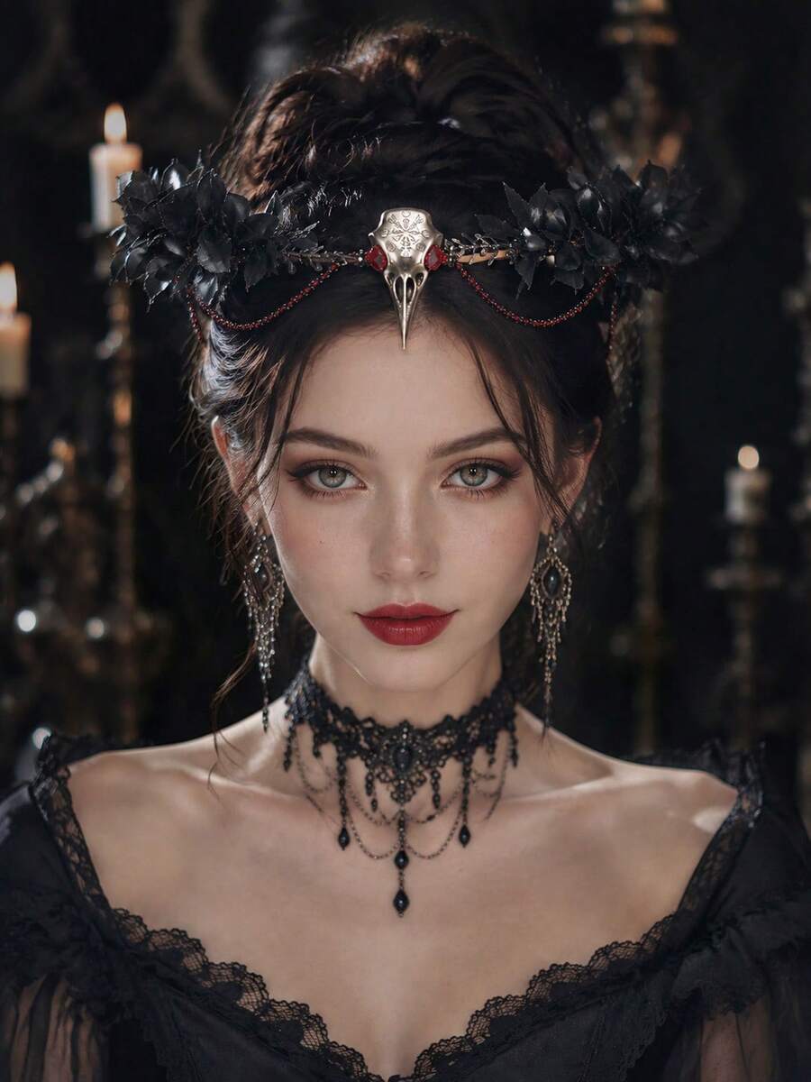 哥德式烏鴉頭骨髮箍 黑色葉片紅色水鑽鏈條皇冠 女款萬聖節 Cosplay 化妝舞會 Mardi Gras 異教派派對服裝髮飾 - 彩色 - 查看 1