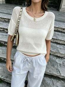 Blusa de manga corta tejida de estilo bohemio para mujer, suéter de ganchillo de longitud regular, adecuado para uso casual diario, artículo esencial de verano - Beis - Ver 1