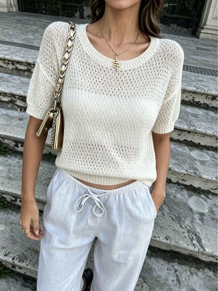 Blusa de manga corta tejida de estilo bohemio para mujer, suéter de ganchillo de longitud regular, adecuado para uso casual diario, artículo esencial de verano - Beis - Ver 1