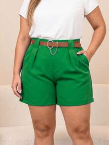 Short Plus Size Social Tailoring With Elegant Belt High Waist - Green - View 4