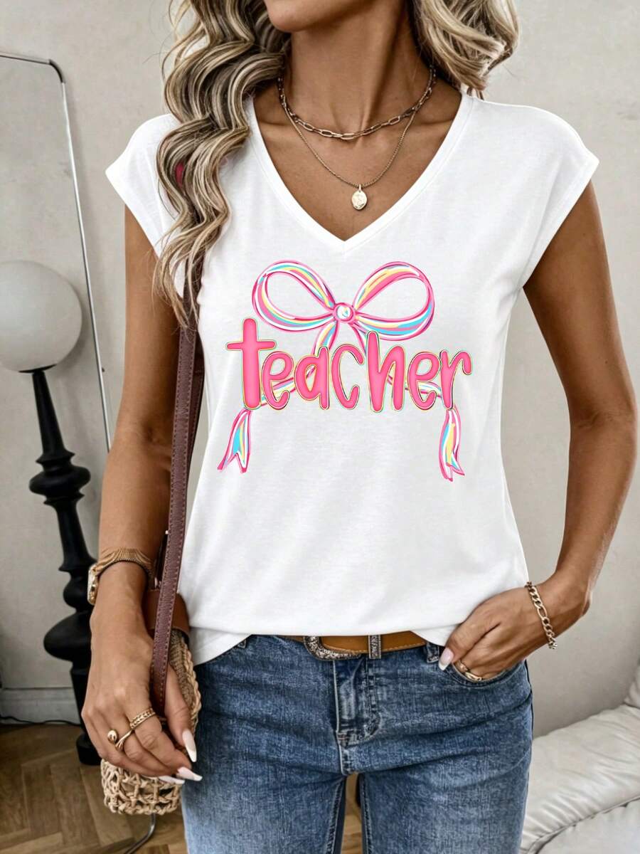 Bestseller Coquette Bow Teacher Appreciation V Neck Top, For Educator Back To School Gift Cute Teacher Outfit Daily Wear - White - View 1