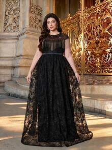 Anpoket Black Plus Size Lace A-Line Gown With Fringe & Beaded Neck, Elegant Women's Summer Prom & Bridal Evening Dress For Party & Festival - Black - View 6