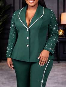 Luxury Plus Size Green 2 Pieces Set, Pearl Embellished Blazer, Long Sleeve, Slit Wide Leg Pants, Elegant Business Office, Formal Occasion, Autumn Outfit - Dark Green - View 4