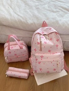 3-Piece Bow Print 3-In-1 Backpack Set, Multi-Pocket Large Capacity Nylon Daily Backpack, Matching Mini Handbag And Pencil Case, College Style School Bag, Girl College Student Textbook Bag, Lightweight Portable Backpack, Multiple Colors Available, Back To School Essential, Y2K Street Style Backpack, Versatile Shoulder Bag, Suitable For Campus, Daily Commute, Casual Outdoor And Student Daily Use - Multicolor - View 15