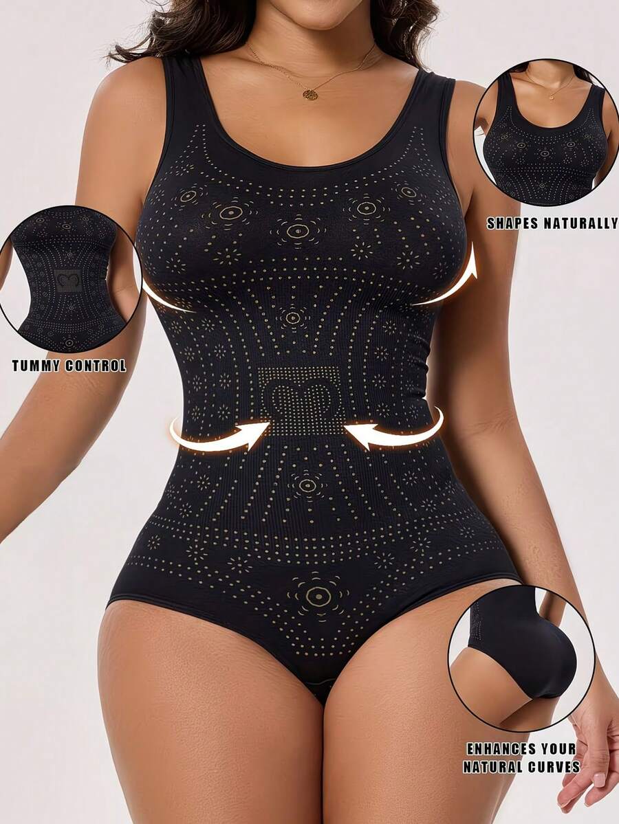 Dam bodysuits i linneform, formande shapewear med magkontroll, sömlösa avslappnade midjetränare - Svart - Visa 1